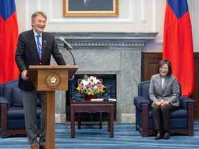 Liberal MP John McKay, the chairman of the House of Commons national defence committee, speaks during a meeting with Taiwan's President Tsai Ing-wen, as he leads a parliamentary delegation for a visit, at the presidential office in Taipei, Taiwan, on April 12, 2023.