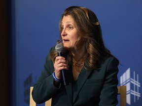 Federal Finance Minister Chrystia Freeland speaks during an event at the Peterson Institute for International Economics in Washington, DC, on April 12, 2023.
