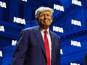 Former U.S. president Donald Trump attends the National Rifle Association (NRA) annual convention in Indianapolis, Indiana, April 14, 2023. Trump proclaimed himself "the most pro-gun, pro-Second Amendment president" in the nation's history.