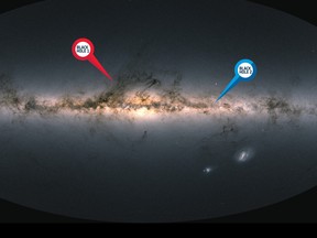 A map of our galaxy shows the location of Gaia Black Hole 1, 1,560 light years away in the direction of the constellation Ophiuchus, and Gaia Black Hole 2, 3,800 light years away in the constellation Centaurus.