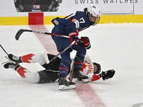 USA forward Britta Curl (17) knocks down Canada defender Ella Shelton (17) as they pursue the puck in the first period at CAA Center.