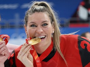 Natalie Spooner of Team Canada celebrates after the Women's Ice Hockey Gold Medal match between Team Canada and Team United States on February 17, 2022 in Beijing, China.