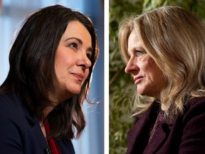 Danielle Smith (l) and Rachel Notley face off in the Alberta 2023 election in May.