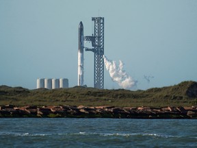 SpaceX's Starship stands on the company's Boca Chica launchpad on April 17., 2023.