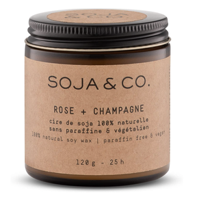 Rose + Champagne SOJA&CO candle.