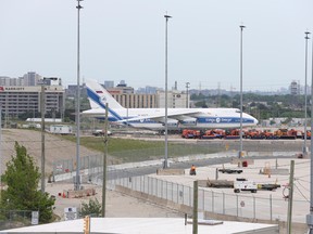 The Russian-registered Antonov 124, operated by cargo carrier Volga-Dnepr, has been parked at Pearson since Feb. 27, 2022.