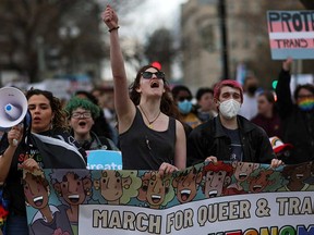 Protesters take part in a "March for Queer and Trans Youth Autonomy" in Washington, D.C., on March 31, 2023.