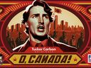 In a teaser trailer for the new film, called O, Canada, Prime Minister Justin Trudeau is shown in the red favored by communist propagandists, complete with a mustache that has a distinctly Assad-esque flair.
