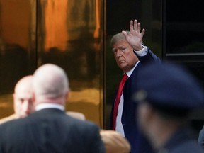 Former U.S. President Donald Trump arrives at Trump Tower, after his indictment by a Manhattan grand jury following a probe into hush money paid to porn star Stormy Daniels, in New York City, U.S April 3, 2023.