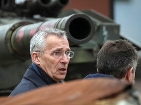 NATO Secretary-General Jens Stoltenberg visits an exhibition displaying destroyed Russian military vehicles, in central Kyiv, Ukraine April 20, 2023.