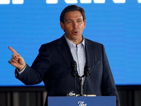 Florida Governor and likely 2024 Republican presidential candidate Ron DeSantis speaks as part of his Florida Blueprint tour in Pinellas Park, Florida, U.S. March 8, 2023.  REUTERS/Scott Audette/File Photo