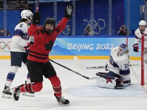 Canada's Sarah Nurse (20) celebrates a goal during the women's gold medal hockey game against the United States at the 2022 Winter Olympics, Thursday, Feb. 17, 2022, in Beijing.