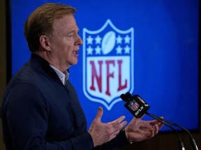 NFL Commissioner Roger Goodell speaks during a media availability at the NFL football meetings, Tuesday, March 28, 2023, in Phoenix.