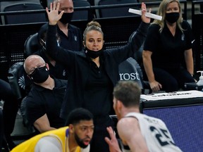 FILE - Assistant coach Becky Hammon of the San Antonio Spurs takes over head coaching duties after Gregg Popovich was ejected at AT&T Center on December 30, 2020 in San Antonio, Texas.