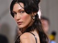 US model Bella Hadid arrives for the 2022 Met Gala at the Metropolitan Museum of Art on May 2, 2022, in New York.