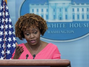 White House press secretary Karine Jean-Pierre speaks during a press briefing at the White House, in Washington, Wednesday, April 19, 2023. The White House is vowing to continue to defend abortion rights in the United States, regardless of what the Supreme Court decides.