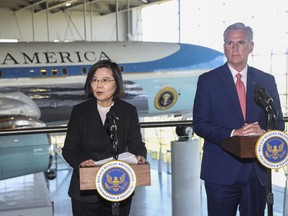 House Speaker Kevin McCarthy, R-Calif., right, and Taiwanese President Tsai Ing-wen deliver statements to the press after a Bipartisan Leadership Meeting at the Ronald Reagan Presidential Library in Simi Valley, Calif., Wednesday, April 5, 2023.