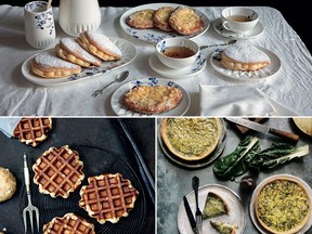 Clockwise from top: gozettes à la crème and mastelles (tartes au sucre), tartes al djote and Luikse wafels (Liège waffles) recipes from Dark Rye and Honey Cake
