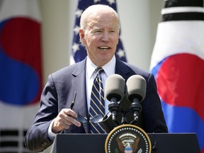 President Joe Biden speaks during a news conference with South Korea's President Yoon Suk Yeol in the Rose Garden of the White House Wednesday, April 26, 2023, in Washington.