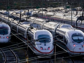 FILE - ICE trains are parked near the central train station in Frankfurt, Germany, Monday, March 27, 2023. A German union is calling for railway workers to stage an eight-hour strike on Friday to back calls for an inflation-busting pay raise, and walkouts are also scheduled at three airports this week in a parallel pay dispute.