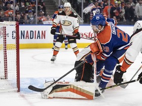 Anaheim Ducks goalie John Gibson (36) is scored on by Edmonton Oilers' Leon Draisaitl (29) during second period NHL action in Edmonton on Saturday April 1, 2023.THE CANADIAN PRESS/Jason Franson