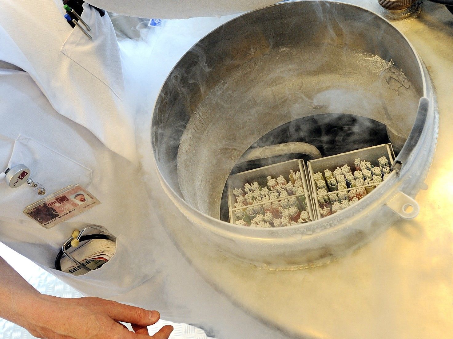 A vessel containing a women’s frozen egg cells.