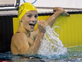 Summer McIntosh celebrates her World Record performance in the women's 400-metre Individual Medley at the Canadian swimming trials in Toronto on Saturday, April 1, 2023.
