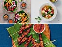 Clockwise from top left: crudités, tempeh and tofu with shrimp paste sambal; sour fish soup; and pork satay with chili, ginger and lime. PHOTOS BY YUKI SUGIURA
