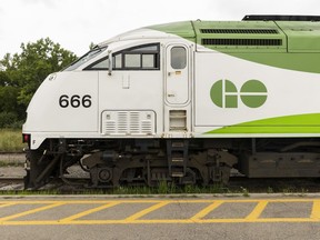 A GO Transit train sits parked at the Niagara Falls Train Station, on Aug. 26, 2022. Some commuters in southern Ontario are speaking out about changes that Metrolinx is making to GO Transit bus routes they say will drastically alter commute times and impact travel.