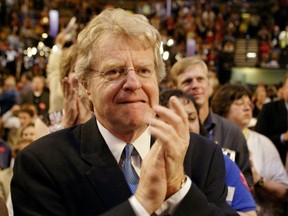 Talk show host Jerry Springer, a delegate from Ohio, applauds speakers during the Democratic National Convention at the FleetCenter July 26, 2004 in Boston, Massachusetts.