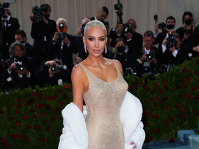 Kim Kardashian wearing a dress worn by Marilyn Monroe at the Met Gala in New York on May 2, 2022.
