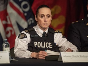 Assistant Commissioner Rhonda Blackmore, Commanding Officer of the Saskatchewan RCMP, speaks as the Saskatchewan RCMP Major Crimes to provide a preliminary timeline presentation of the James Smith Cree Nation and Weldon mass casualty homicides which occurred on September 4, 2022, during a media event in Melfort, Sask., Thursday, April 27, 2023.