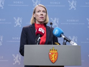 Norway's Foreign Minister Anniken Huitfeldt holds a press conference at the Foreign Ministry in Oslo, Norway, Thursday, April 13, 2023. Norway's government says it's expelling 15 Russian diplomats from the country because they were suspected of spying while working at the Russian Embassy in Oslo. Foreign Minister Anniken Huitfeldt said the move was "an important measure to counter and reduce the scope of Russian intelligence activities in Norway, and thereby secure our national interests."