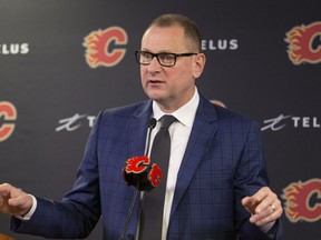 Calgary Flames General Manager Brad Treliving announces the resignation of head coach Bill Peters at a press conference in Calgary on Friday, Nov. 29, 2019.Treliving has left the Flames after nine seasons as general manager, the team announced Monday.&ampnbsp;THE CANADIAN PRESS/Larry MacDougal