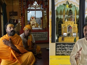 In this two picture combo, on left, Hindu priest Swami Ram Das ,48, expresses his views sitting in his ashram, Wednesday, March 29, 2023, and on right, Muslim community leader Syed Mohammad Munir Abidi, 68, talks sitting in a Mosque on Tuesday March 28, 2023, in Ayodya, India. Abidi and Das are two ordinary citizens living in one city in a country of more than 1.4 billion people that is on the cusp of becoming the world's most populated nation. Together they embody the opposing sides of a deeply entrenched religious divide that presents India one of its biggest challenges so far: to safeguard freedoms to its Muslim minority at a time when a rising tide of Hindu nationalism is laying waste to the country's secular underpinnings.