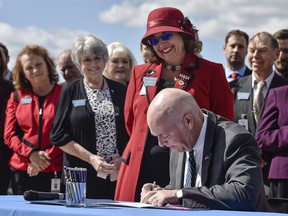FILE - Republican Gov. Greg Gianforte signs one of three bills restricting access to abortion in Montana as sponsor of one of the bills, state Rep. Lola Sheldon-Galloway, R-Great Falls, watches in Helena, Mont., on April 26, 2021. Planned Parenthood of Montana filed a preemptive lawsuit Monday, April 10, 2023, seeking to stop legislation that would ban the abortion method most commonly used in the second trimester, arguing it's unconstitutional.