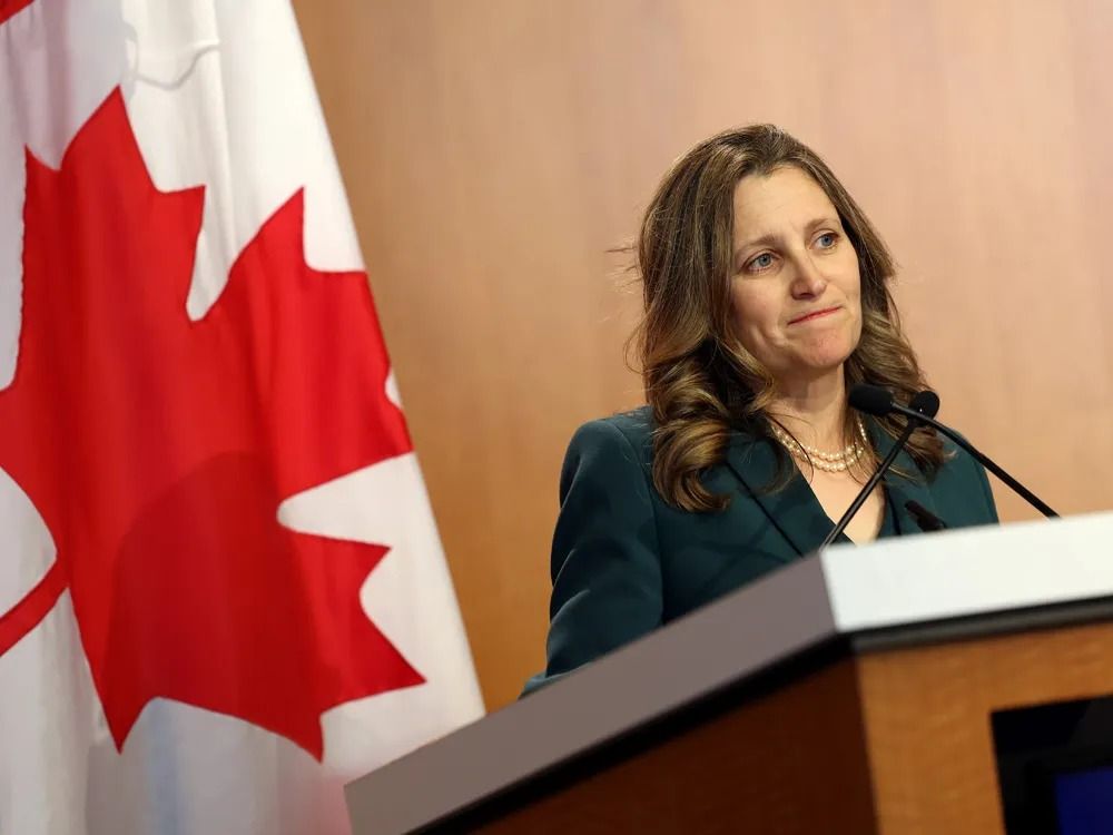  Chrystia Freeland delivers remarks during an event at the Peterson Institute for International Economics in Washington, DC.