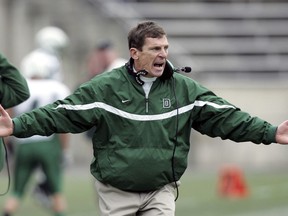 FILE - Dartmouth's coach Buddy Teevens gestures on the sidelines during a football game against Princeton in Princeton, N.J., Nov. 18, 2006. Teevens had his right leg amputated following a bicycle accident last month in St. Augustine, Florida.
