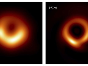 Images of the M87 black hole released in 2019, left, and an updated one for 2023. The new version used machine learning to fill in the missing pieces.