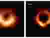 Images of the M87 black hole released in 2019, left, and an updated one for 2023. The new version used machine learning to fill in the missing pieces.