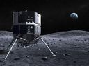 Deze illustratie van ispace toont het Hakuto-ruimtevaartuig op het oppervlak van de maan, met de aarde op de achtergrond.