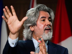 Minister of Canadian Heritage, Pablo Rodriguez, holds a press conference regarding the introduction of Bill C-18, the Online News Act, on Parliament Hill in Ottawa on Tuesday, April 5, 2022.