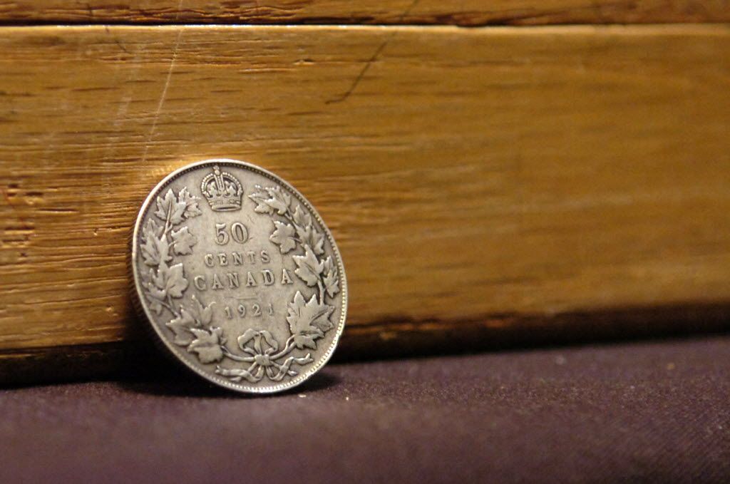 A 1921 fifty cent coin on display at the Regina Coin Club’s fall show and sale at the Orr Centre in Regina, Sask. on Sunday Oct. 16, 2011.