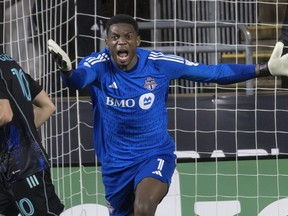 Toronto FC goalkeeper Sean Johnson (1) shouts in protest after Philadelphia Union forward Mikael Uhre scored during the first half of an MLS soccer match Saturday, April 22, 2023, in Chester, Pa. Johnson faces the team he used to captain when New York City FC comes to BMO Field on Saturday. With just one win and six draws in nine outings, Toronto needs to starting picking up maximum points at home. NYCFC, meanwhile, is looking for its first victory on the road this season.