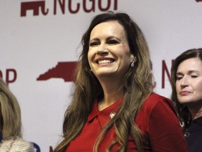 North Carolina state Rep. Tricia Cotham announces she is switching affiliation to the Republican Party at a news conference Wednesday, April 5, 2023, at the North Carolina Republican Party headquarters in Raleigh, N.C. The change gives Republican state legislators a veto-proof supermajority in both chambers.