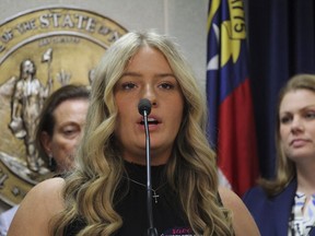 Payton McNabb, a senior at Hiwassee Dam High School in Murphy, N.C., speaks at a news conference about transgender inclusion in sports at the North Carolina Legislative Building, Wednesday, April 19, 2023, in Raleigh, N.C. The North Carolina House passed legislation Wednesday that would prohibit transgender girls from joining female sports teams in middle school, high school and college.