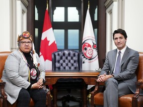 Prime Minister Justin Trudeau meets with Assembly of First Nations (AFN) National Chief, RoseAnne Archibald, on Parliament Hill in Ottawa, on Tuesday, Nov. 29, 2022. The AFN passed a resolution Thursday that calls on the federal Liberals to improve consultation and extend the deadline to finalize a plan on the implementation of the United Nations Declaration on the Rights of Indigenous Peoples.