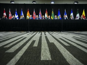 Canada's premiers hold a press conference following a meeting on health care in Ottawa on Tuesday, Feb. 7, 2023. The federal government is aiming to lock in the equalization formula for payments to provinces until 2029, as part of an omnibus motion in Parliament that seeks to implement budget measures.