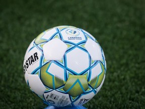 A game ball for the Canadian Premier League is seen during a match between York United FC and Forge Hamilton FC in CPL soccer action at York Lions Stadium in Toronto on Friday, July 30, 2021.