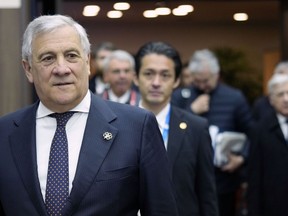 Italy's Foreign Minister Antonio Tajani arrives at a press conference at the end of a G7 Foreign ministers' meeting at The Prince Karuizawa hotel in Karuizawa, Nagano prefecture, Japan, Tuesday, April 18, 2023.
